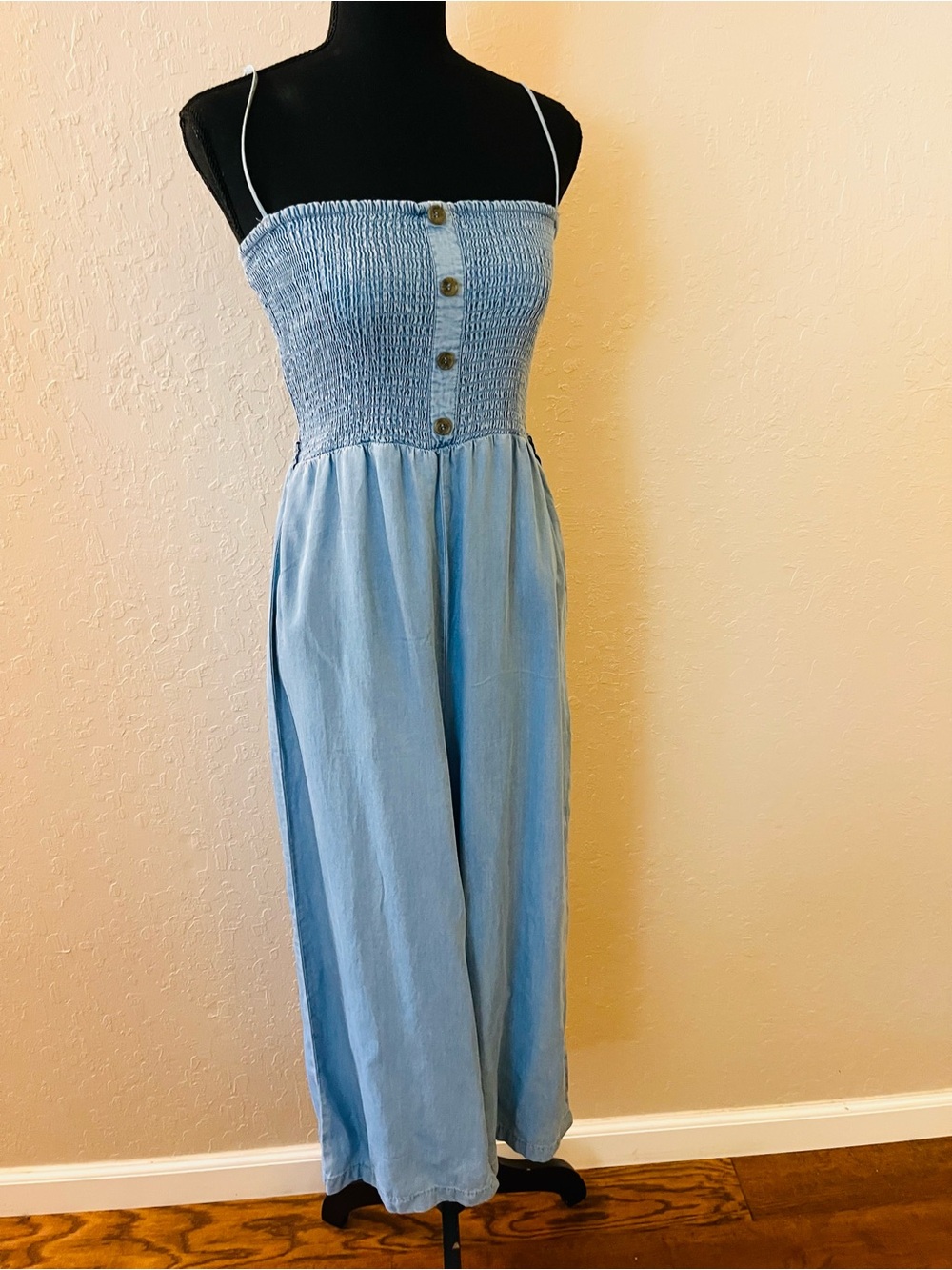 Love Tree Light Blue Smocked Chambray Jumpsuit with adjustable straps